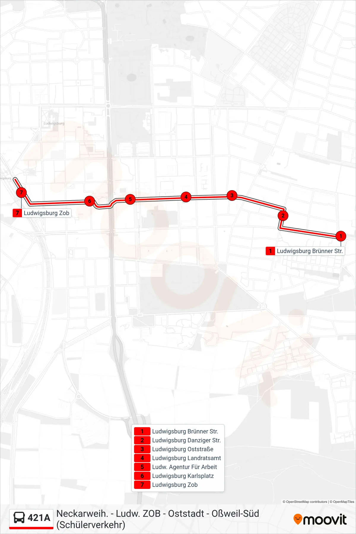 Linie 421A (Bus) Richtung Ludwigsburg Zob: Route und Haltestellen auf der Karte