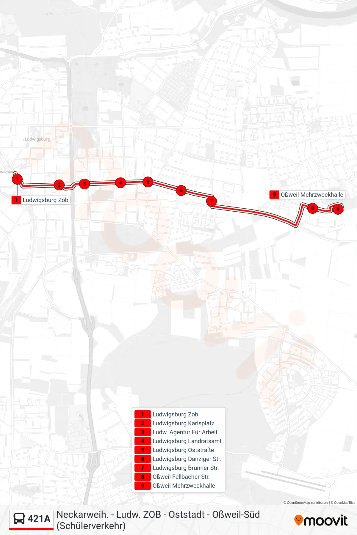 421A bus Line (Oßweil Mehrzweckhalle) route and stops on a map