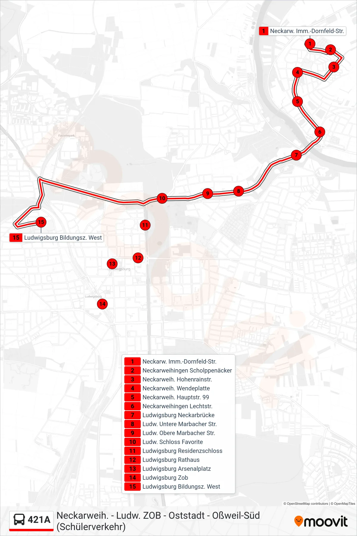 421A bus Line (Ludwigsburg Bildungsz. West) route and stops on a map