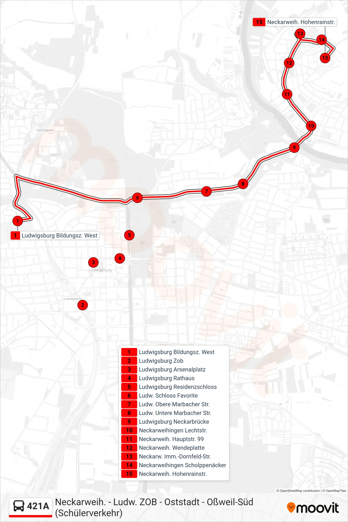 421A bus Line (Neckarweih. Hohenrainstr.) route and stops on a map
