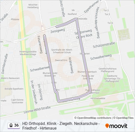 Трамвай 36: карта маршрута