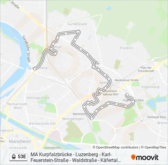 Трамвай 53E: карта маршрута