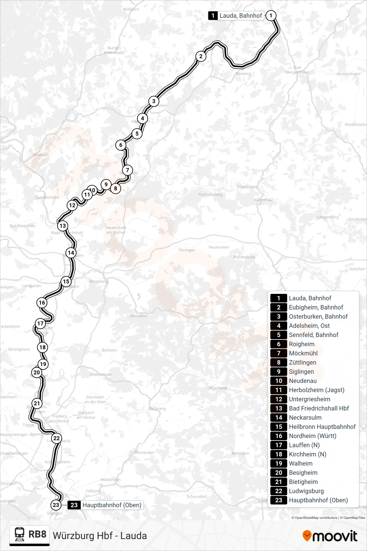 Linie RB8 (Bahn) Richtung Stuttgart Hbf: Route und Haltestellen auf der Karte