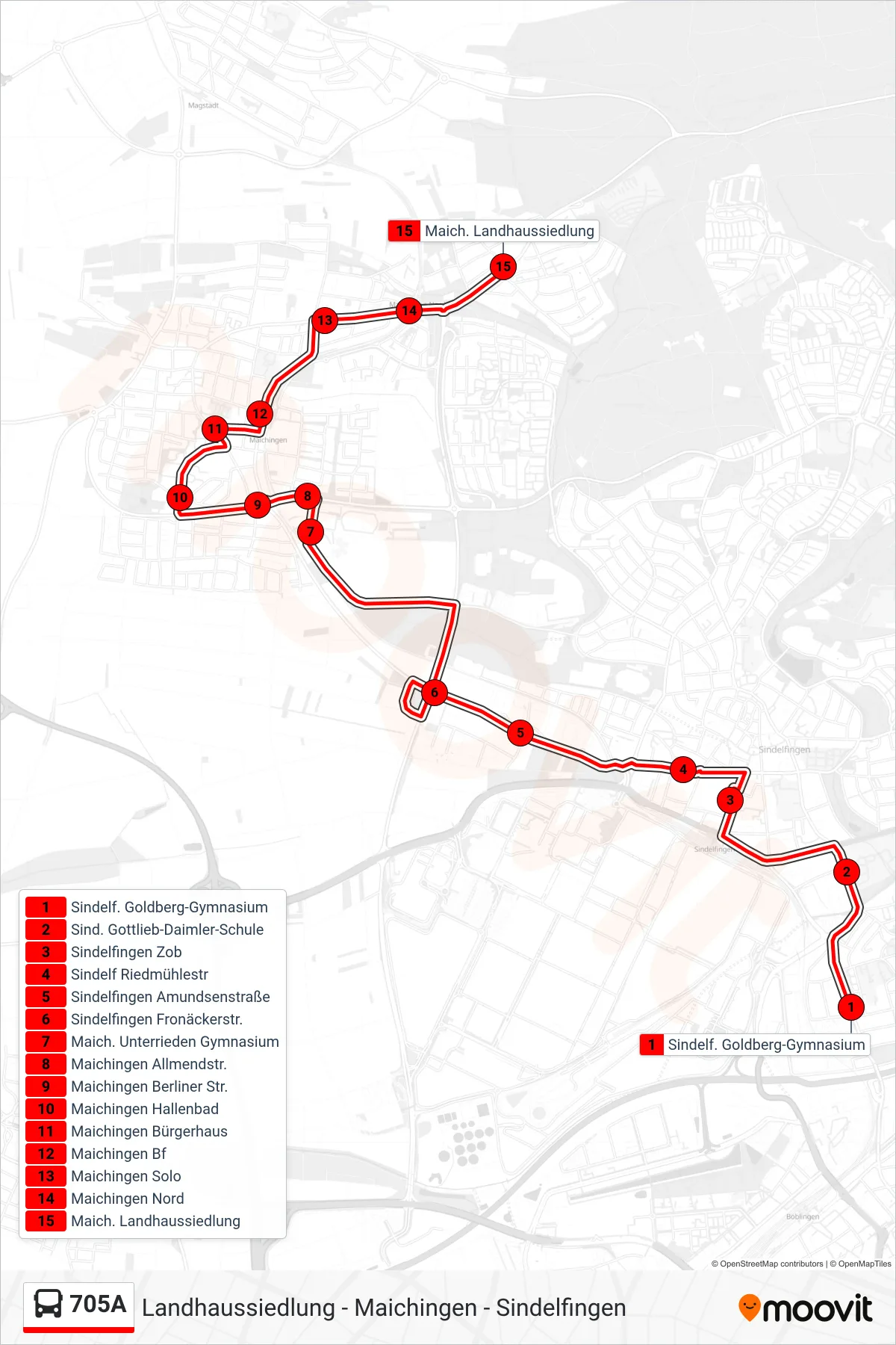 705A bus Line (Maich. Landhaussiedlung) route and stops on a map