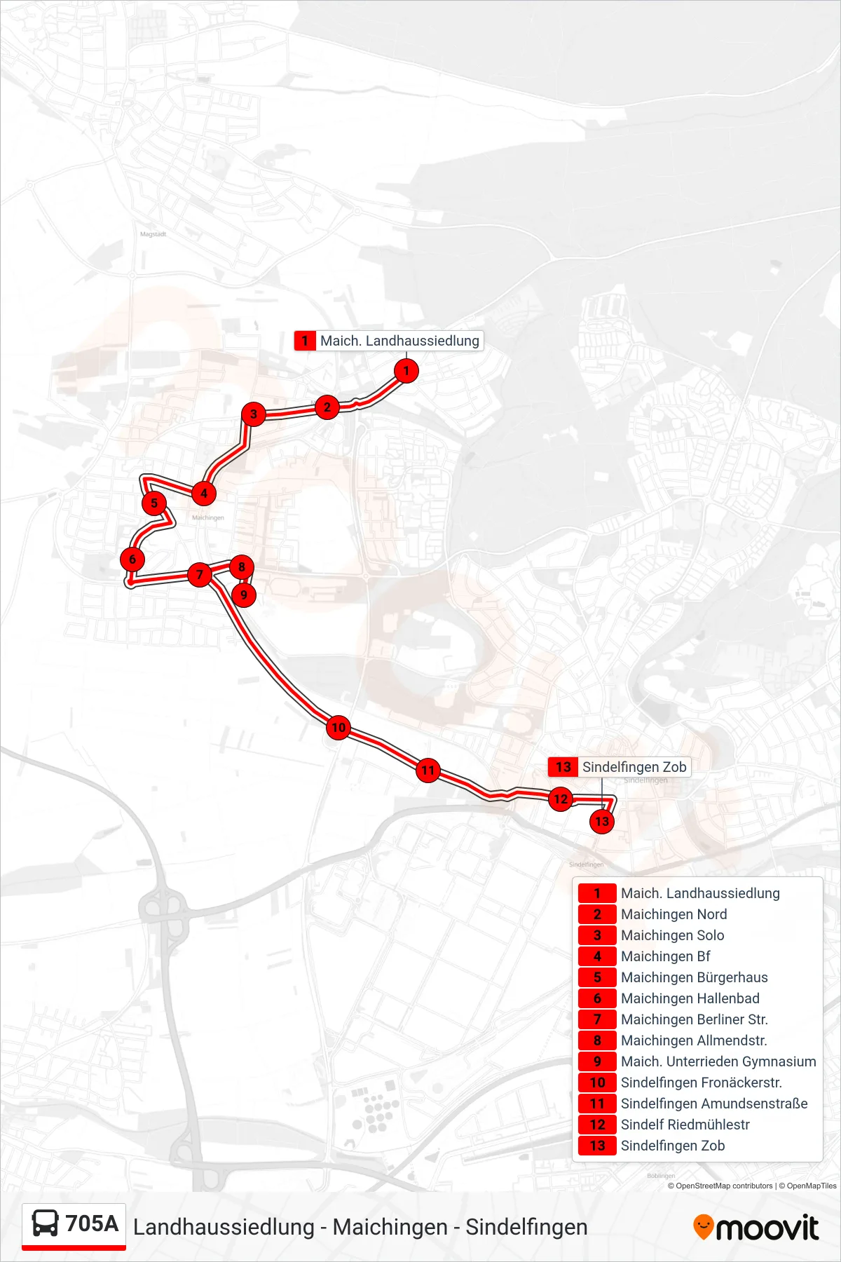 Linie 705A (Bus) Richtung Sindelfingen Zob: Route und Haltestellen auf der Karte