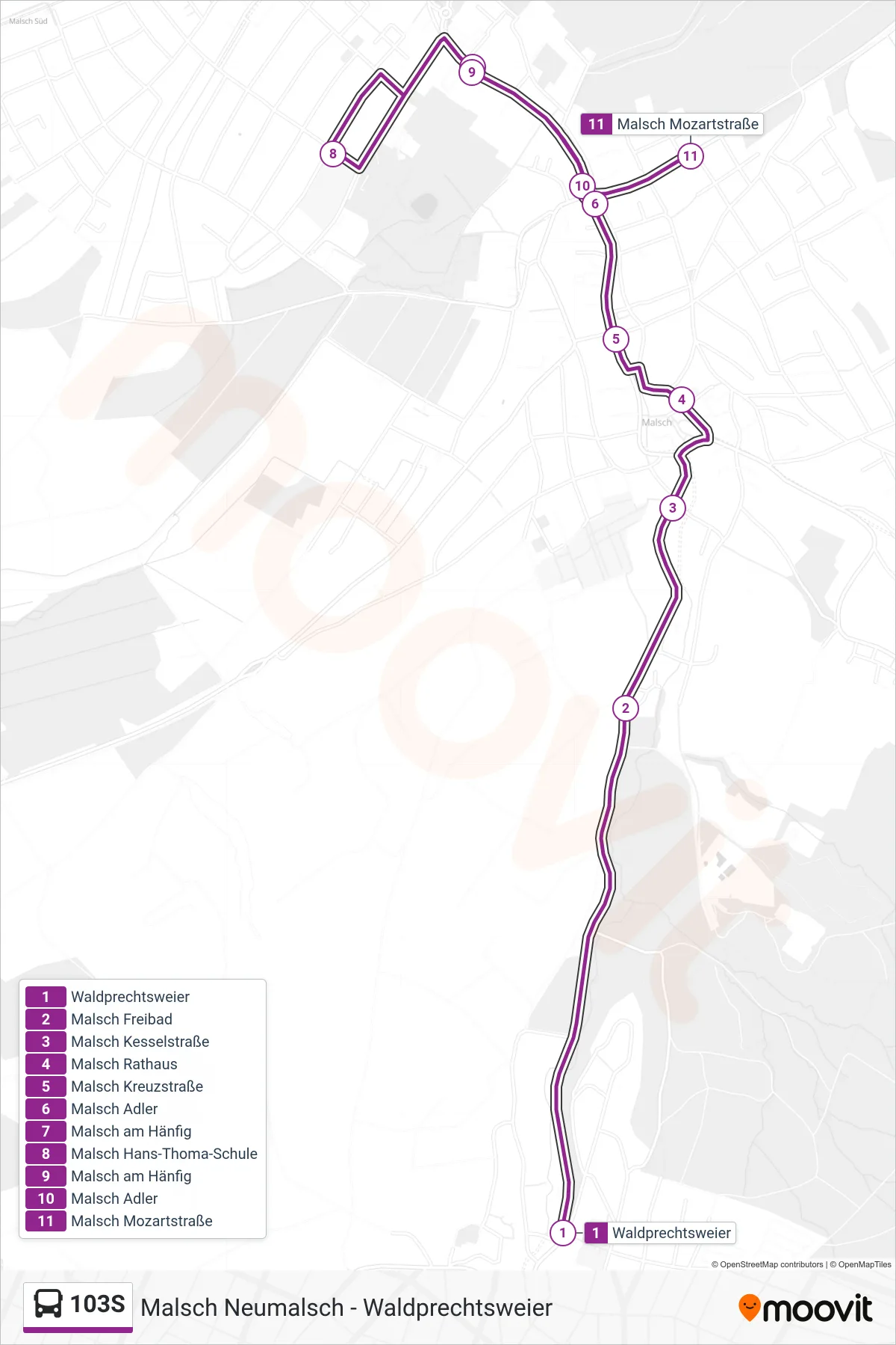 103S bus Line (Malsch Mozartstraße) route and stops on a map