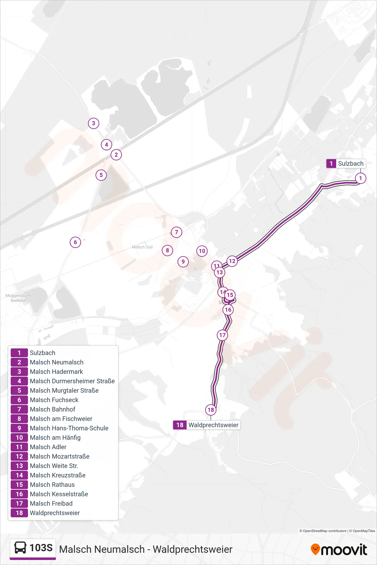 103S bus Line (Waldprechtsweier) route and stops on a map