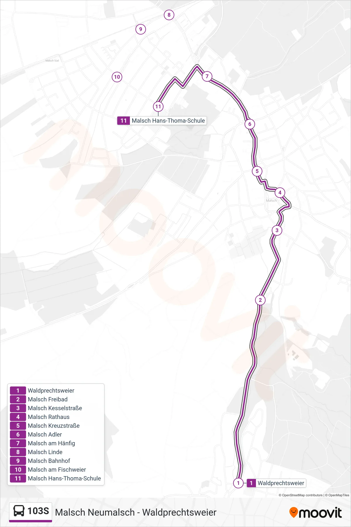 103S bus Line (Malsch Hans-Thoma-Schule) route and stops on a map