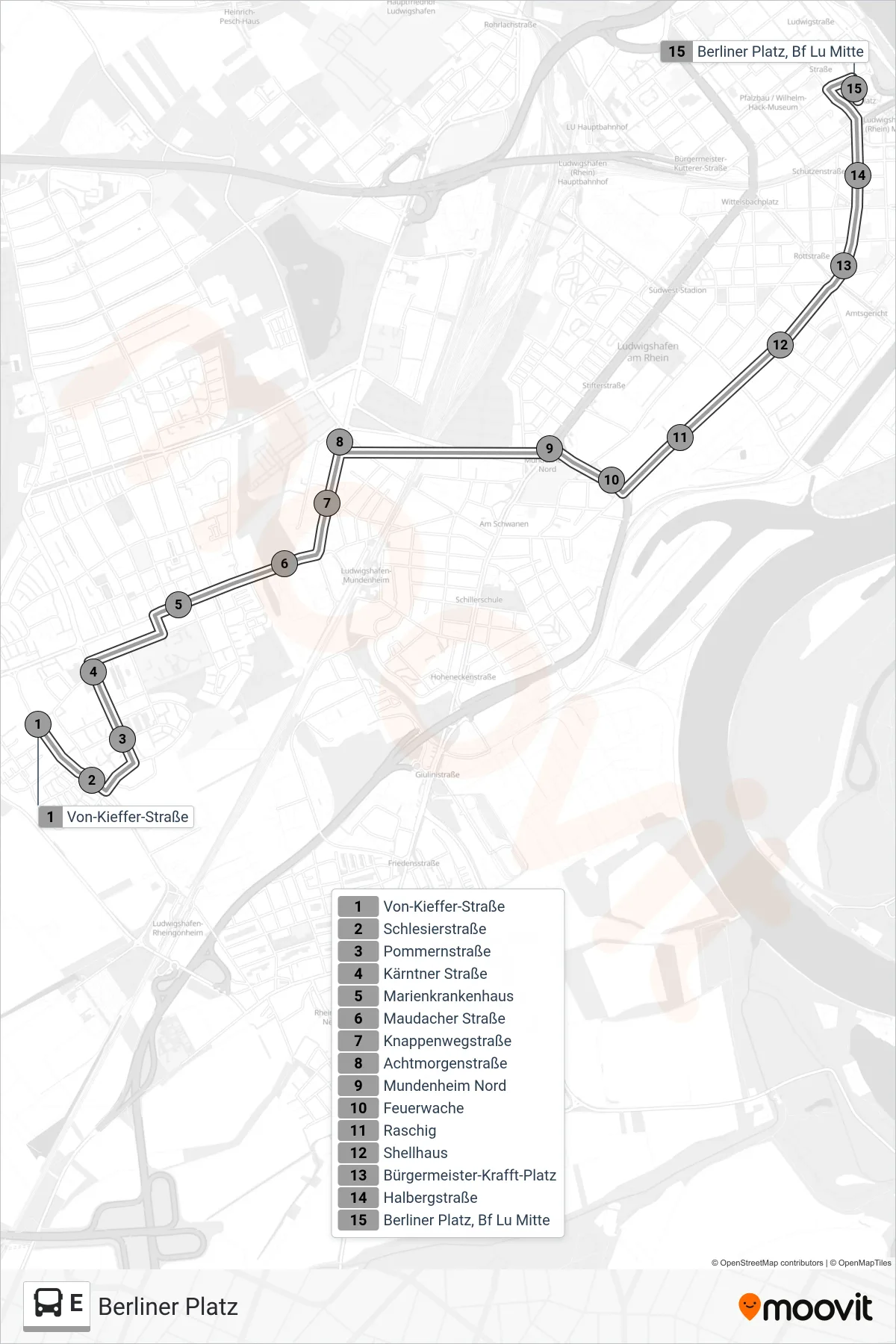 Linie E (Bus) Richtung Berliner Platz: Route und Haltestellen auf der Karte