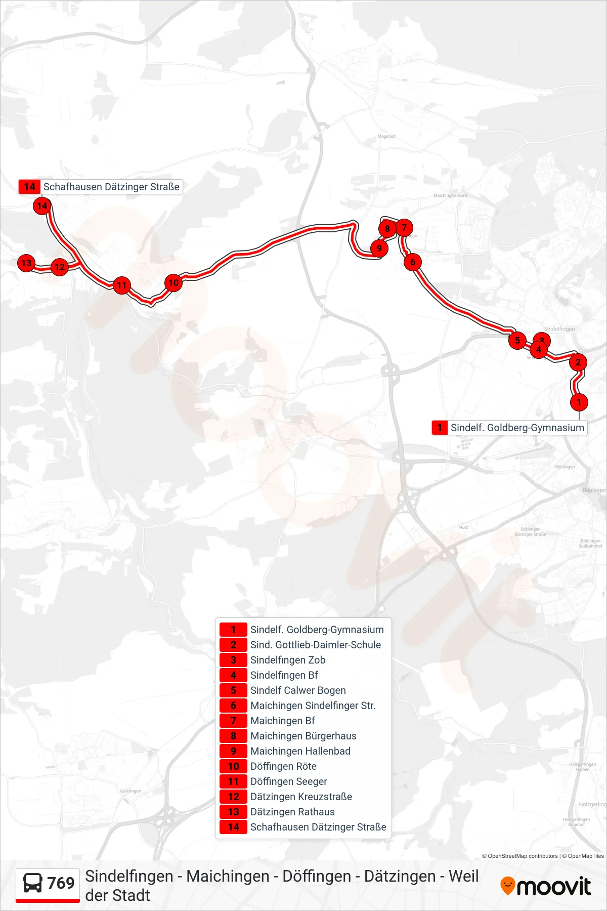 Linie 769 (Bus) Richtung Schafhausen Dätzinger Straße: Route und Haltestellen auf der Karte