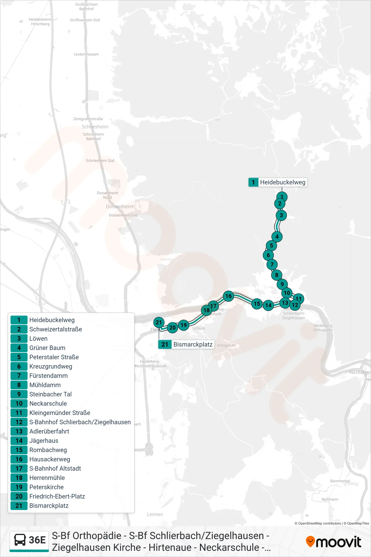 Linie 36E (Bus) Richtung Bismarckplatz: Route und Haltestellen auf der Karte
