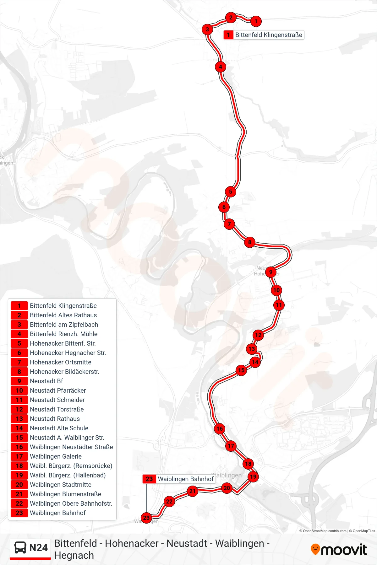 Linie N24 (Bus) Richtung Waiblingen Bf: Route und Haltestellen auf der Karte