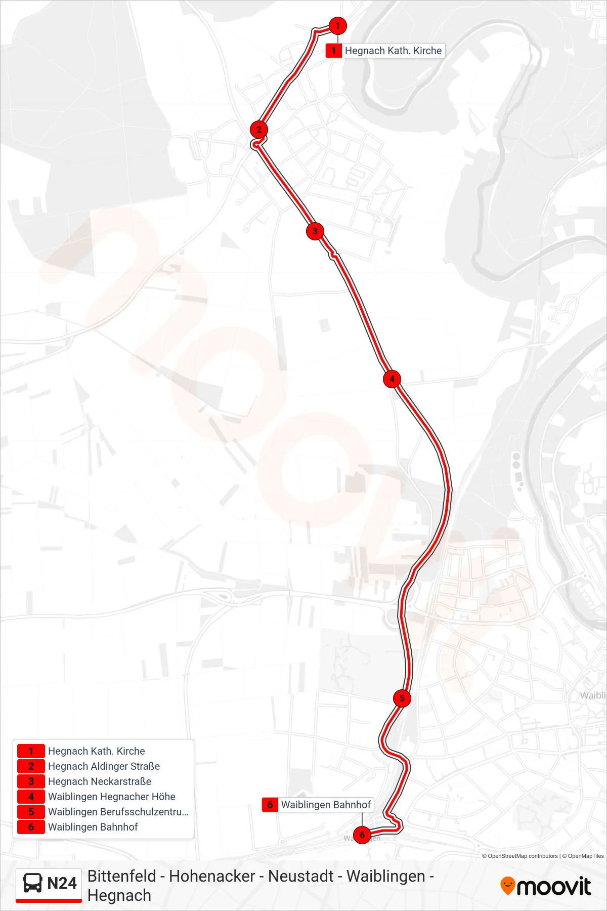 N24 bus Line (Waiblingen Bf) route and stops on a map