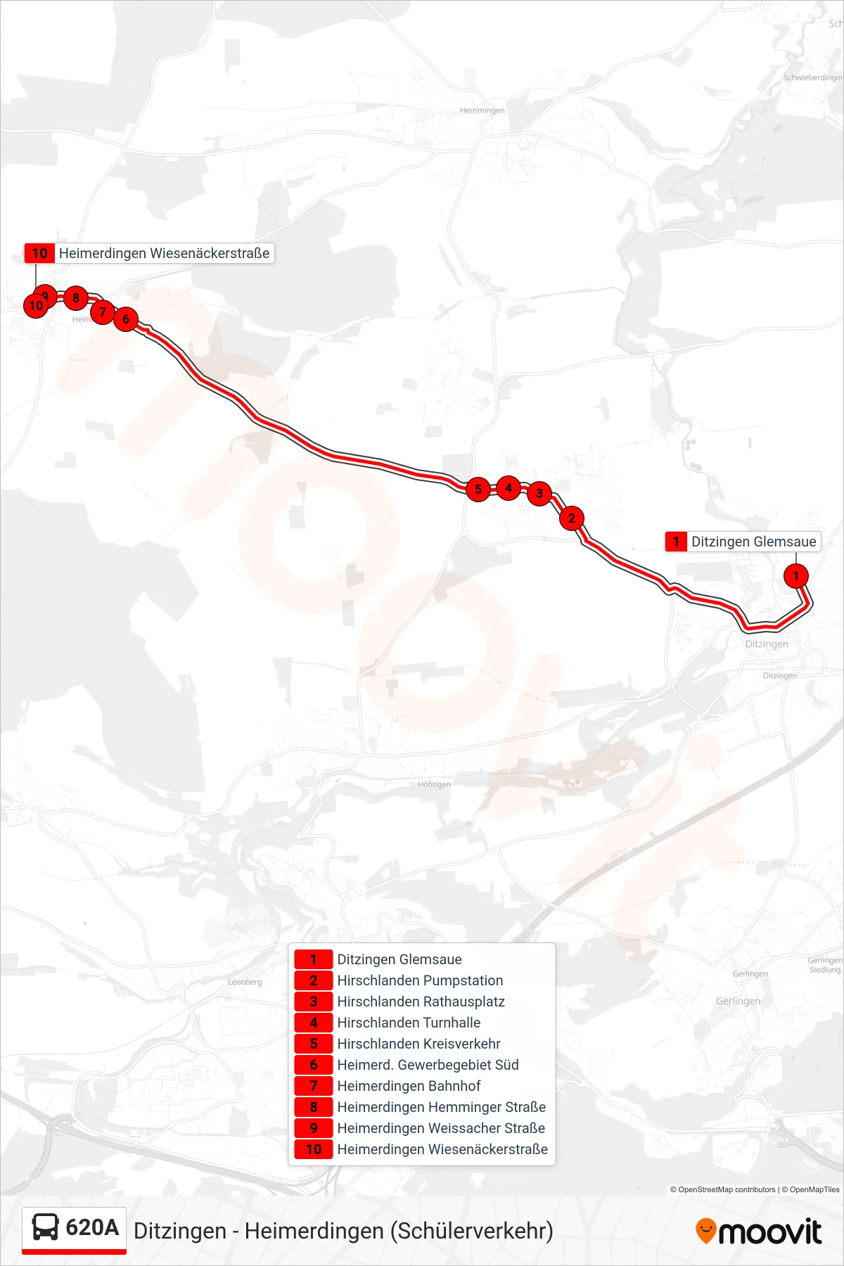 620A bus Line (Heimerdingen Wiesenäckerstraße) route and stops on a map