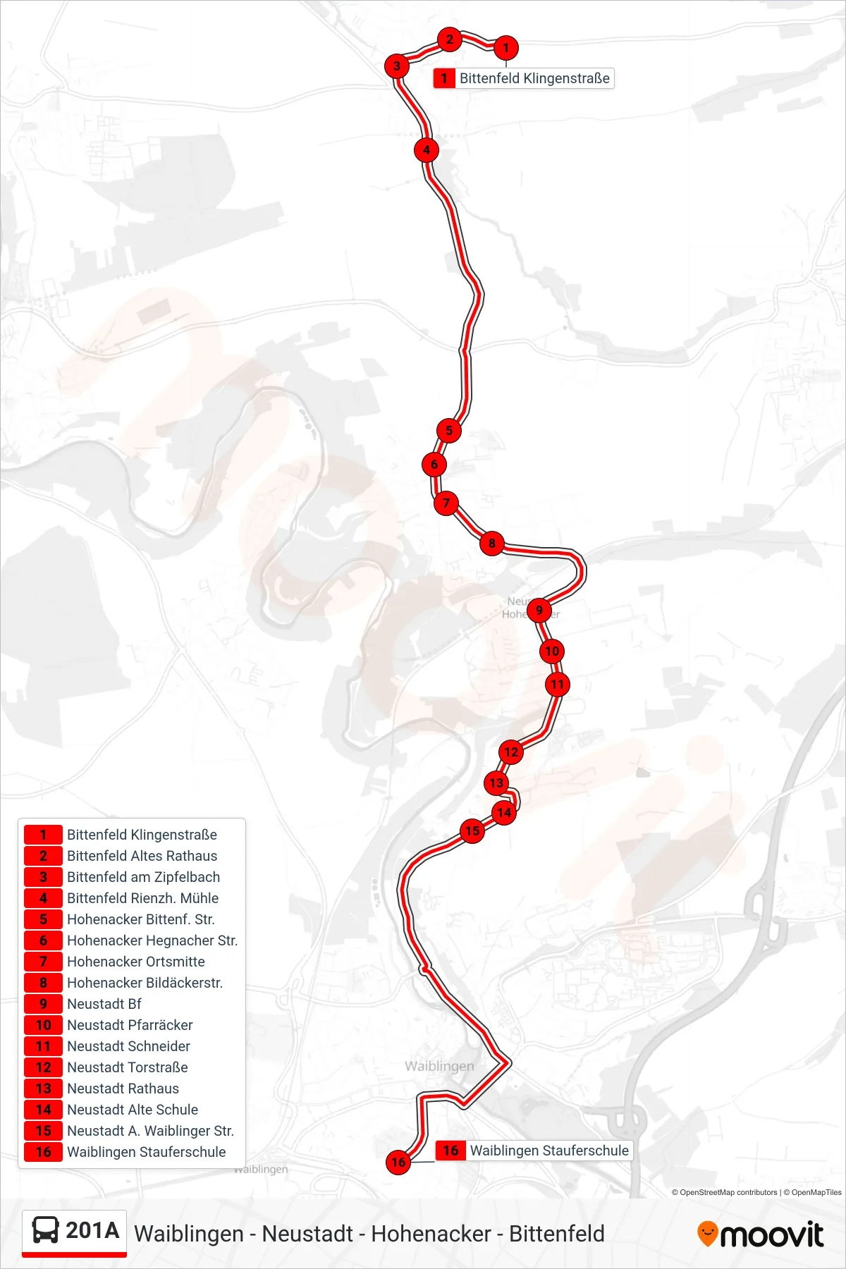 Linie 201A (Bus) Richtung Waiblingen Stauferschule: Route und Haltestellen auf der Karte