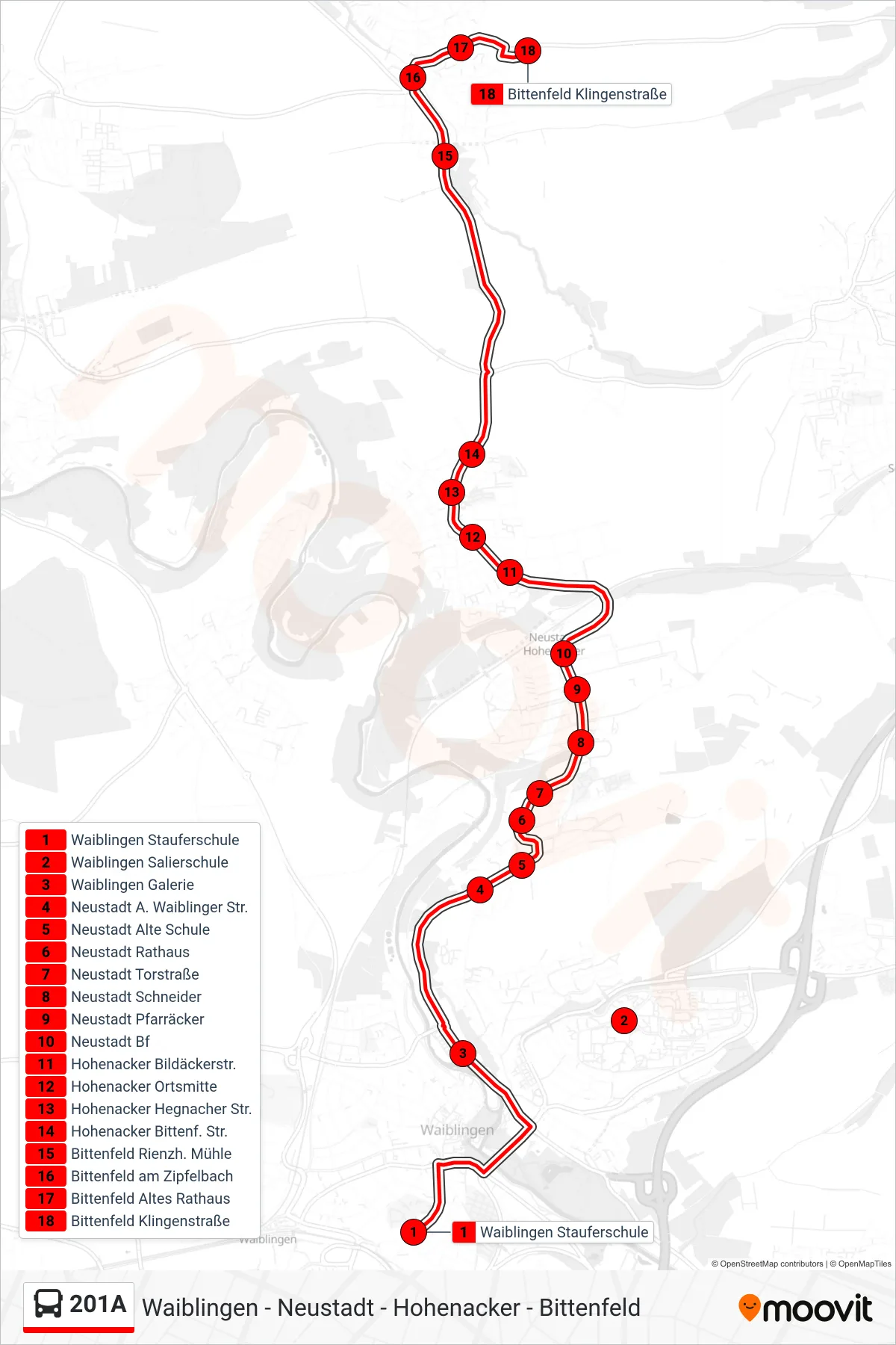 201A bus Line (Bittenfeld Klingenstraße) route and stops on a map