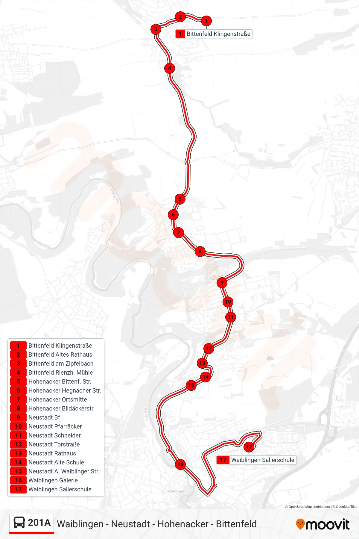 201A bus Line (Waiblingen Salierschule) route and stops on a map