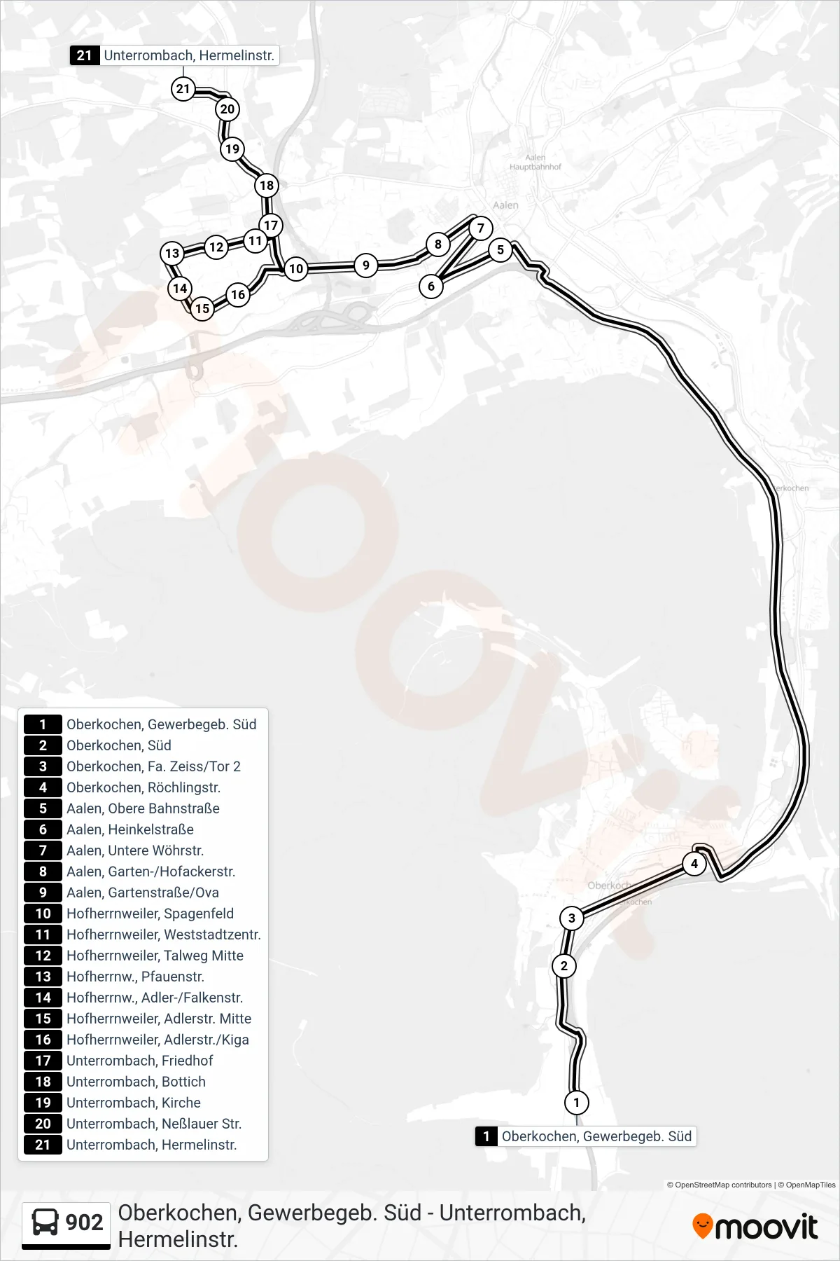 902 bus Line (Unterrombach, Hermelinstr.) route and stops on a map