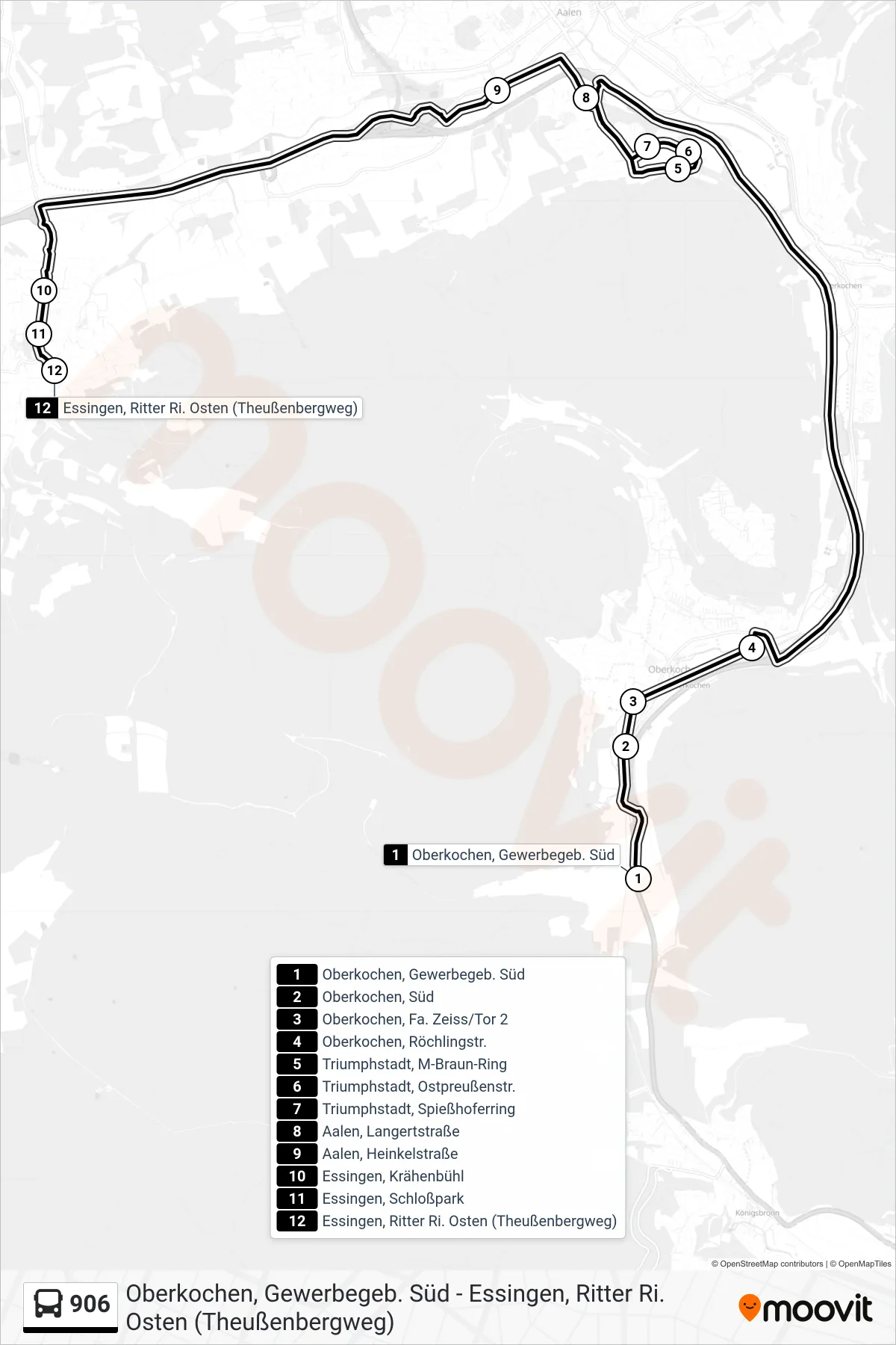 Linie 906 (Bus) Richtung Essingen, Ritter: Route und Haltestellen auf der Karte