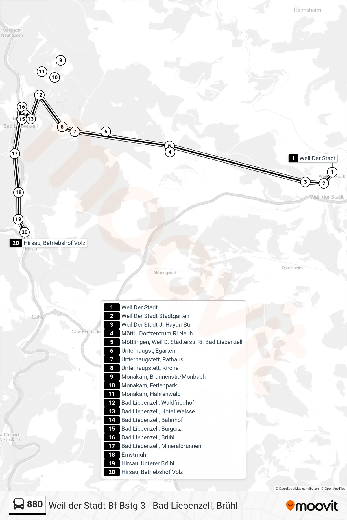 Linie 880 (Bus) Richtung Hirsau, Betriebshof Volz: Route und Haltestellen auf der Karte