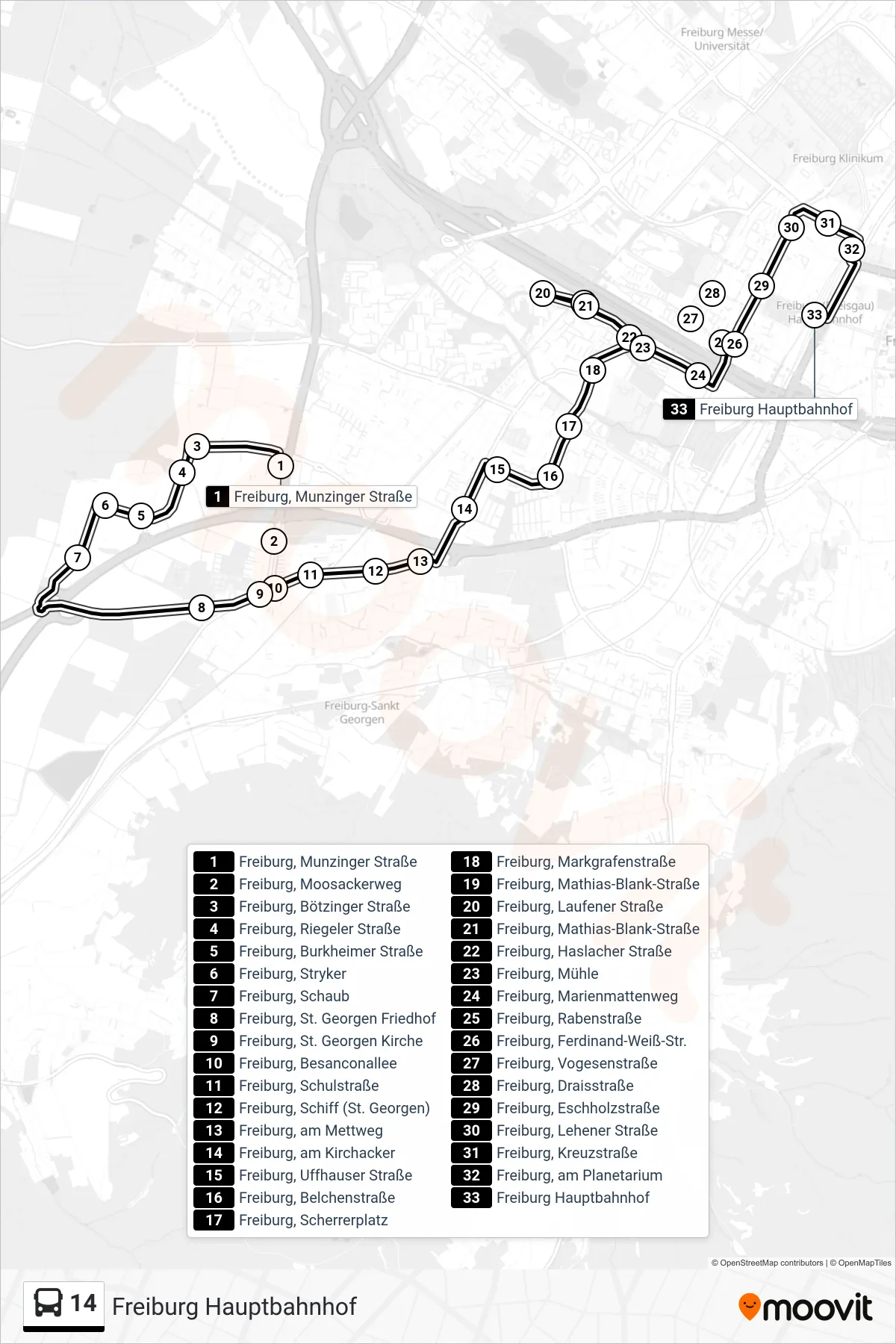 14 bus Line (Freiburg Hauptbahnhof) route and stops on a map