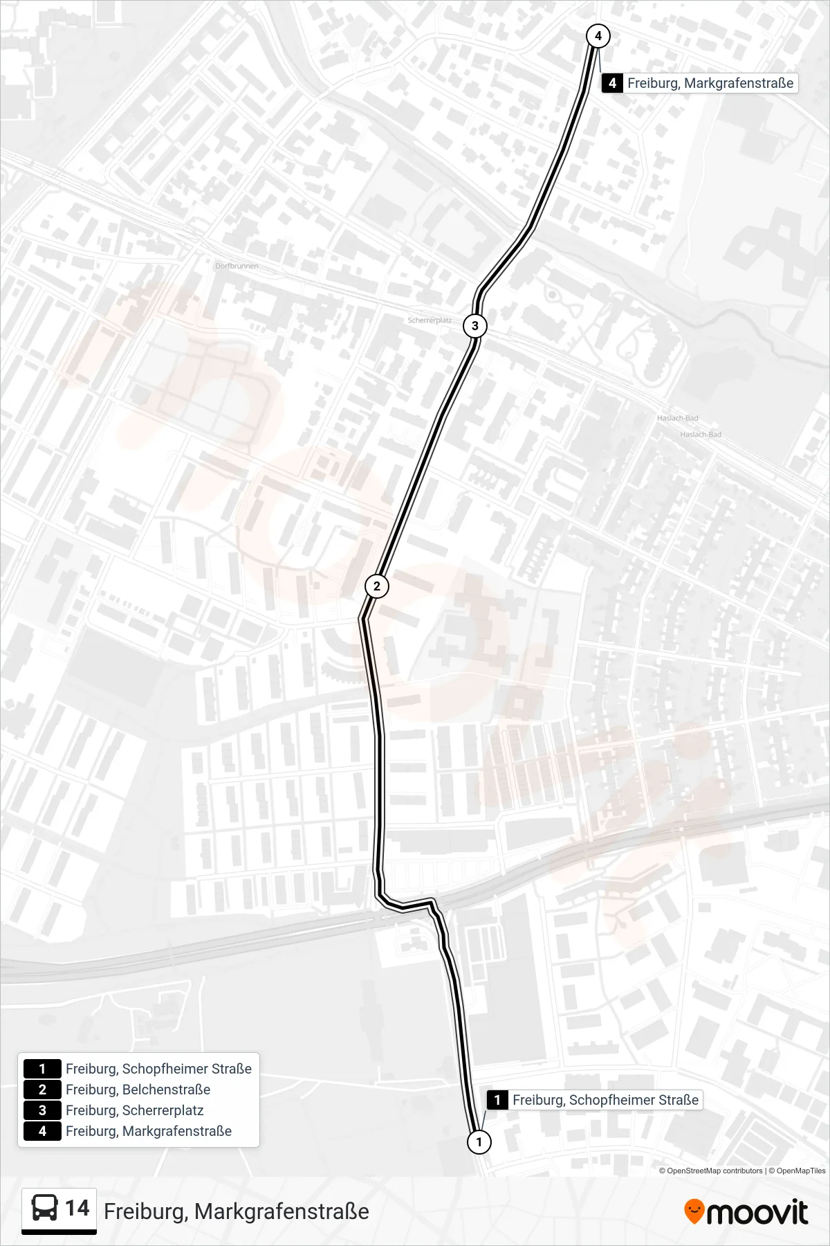 14 bus Line (Freiburg, Markgrafenstraße) route and stops on a map