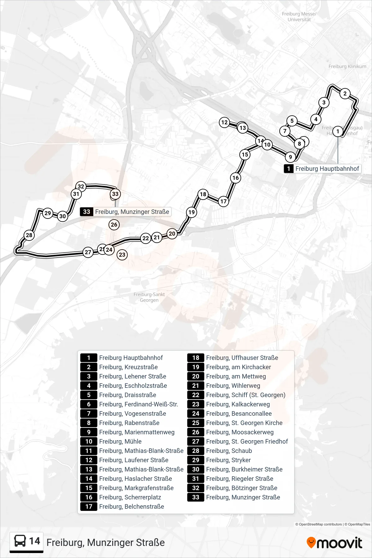 Linie 14 (Bus) Richtung Freiburg, Munzinger Straße: Route und Haltestellen auf der Karte