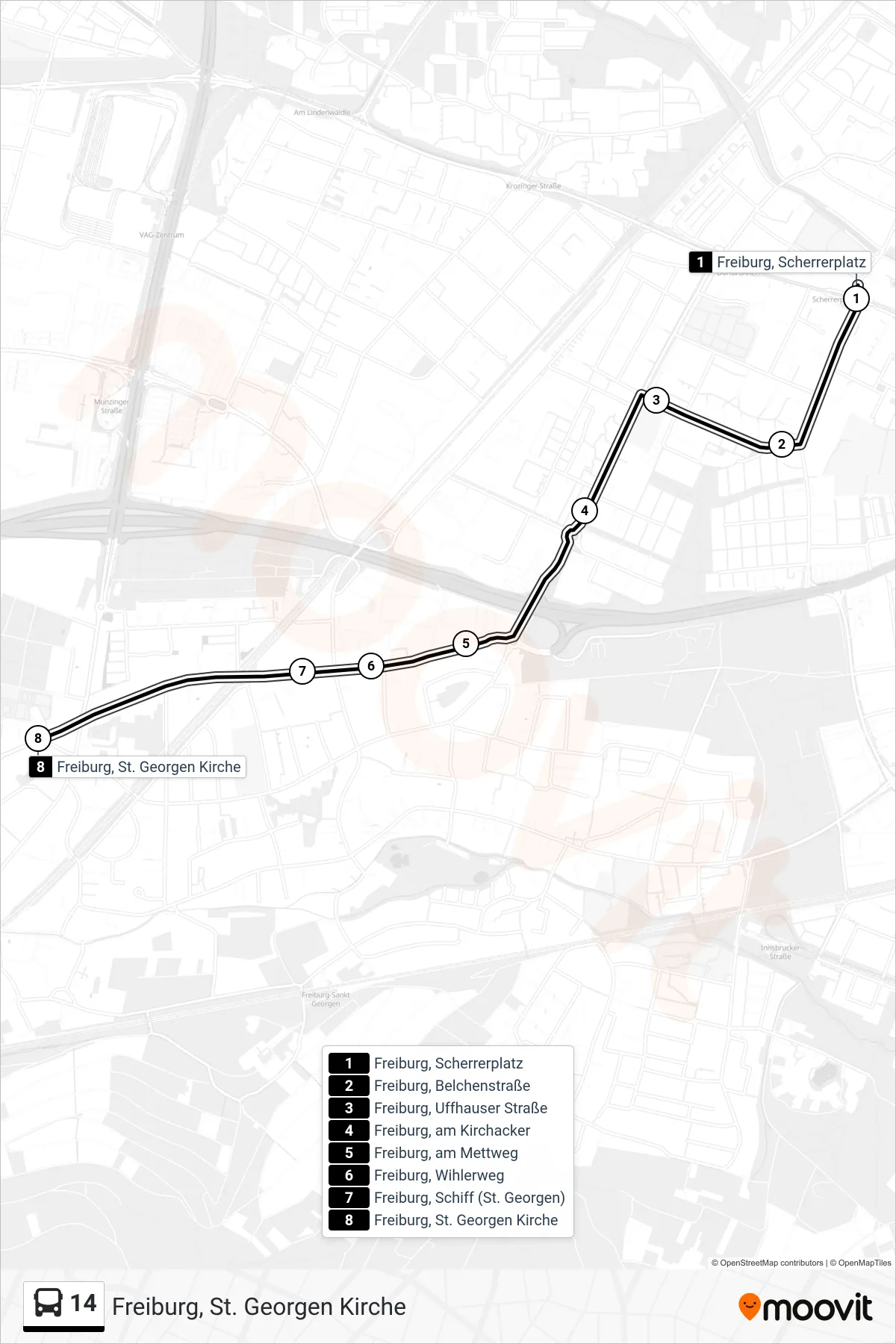 14 bus Line (Freiburg, St. Georgen Kirche) route and stops on a map