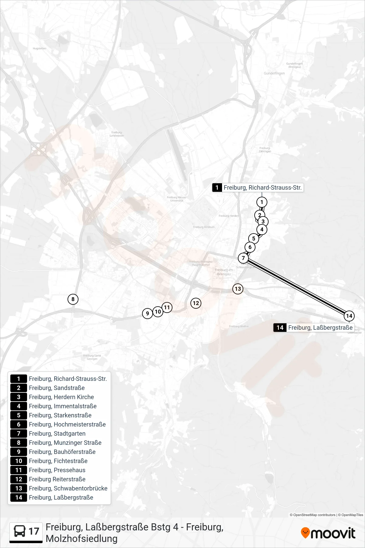 17 bus Line (Freiburg, Laßbergstraße) route and stops on a map
