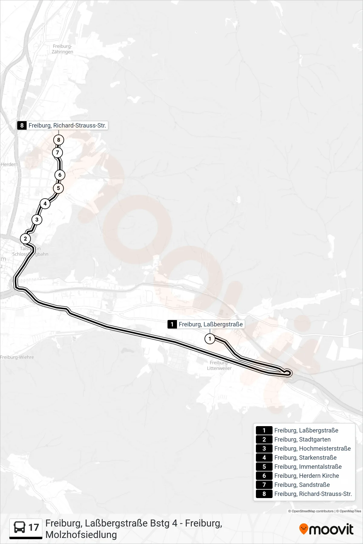 17 bus Line (Freiburg, Richard-Strauss-Str.) route and stops on a map