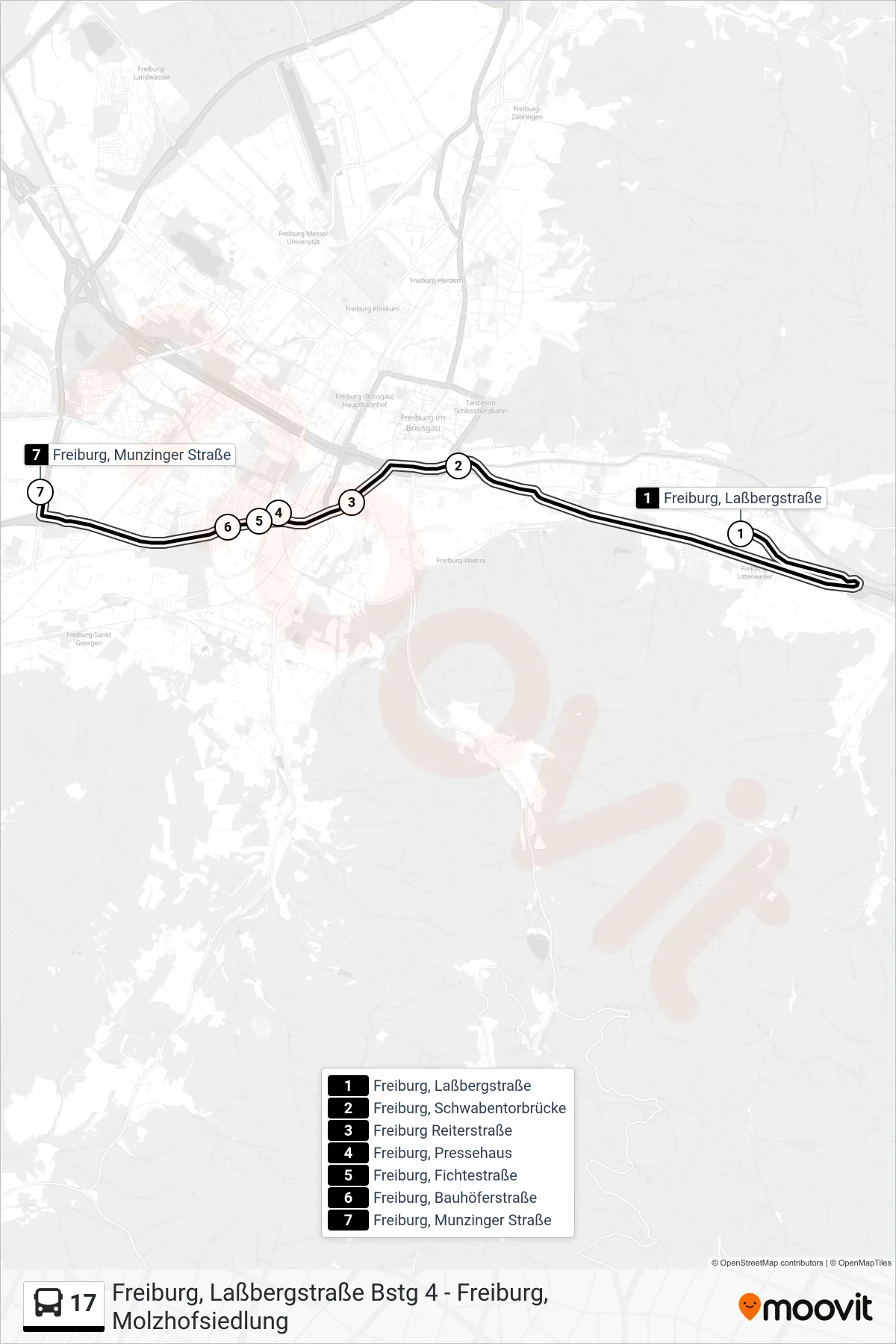 17 bus Line (Freiburg, Munzinger Straße) route and stops on a map