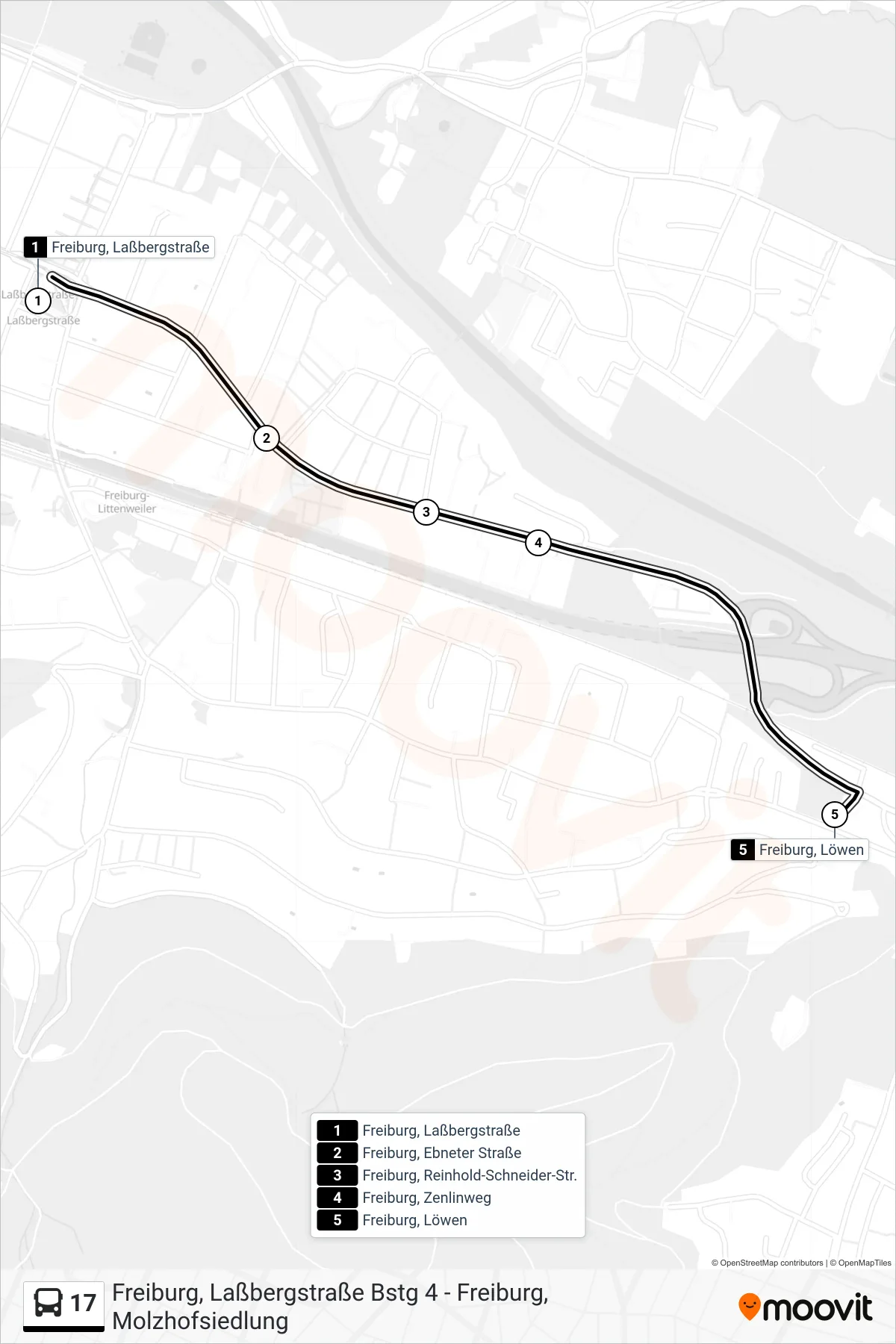 Linie 17 (Bus) Richtung Freiburg, Löwen: Route und Haltestellen auf der Karte