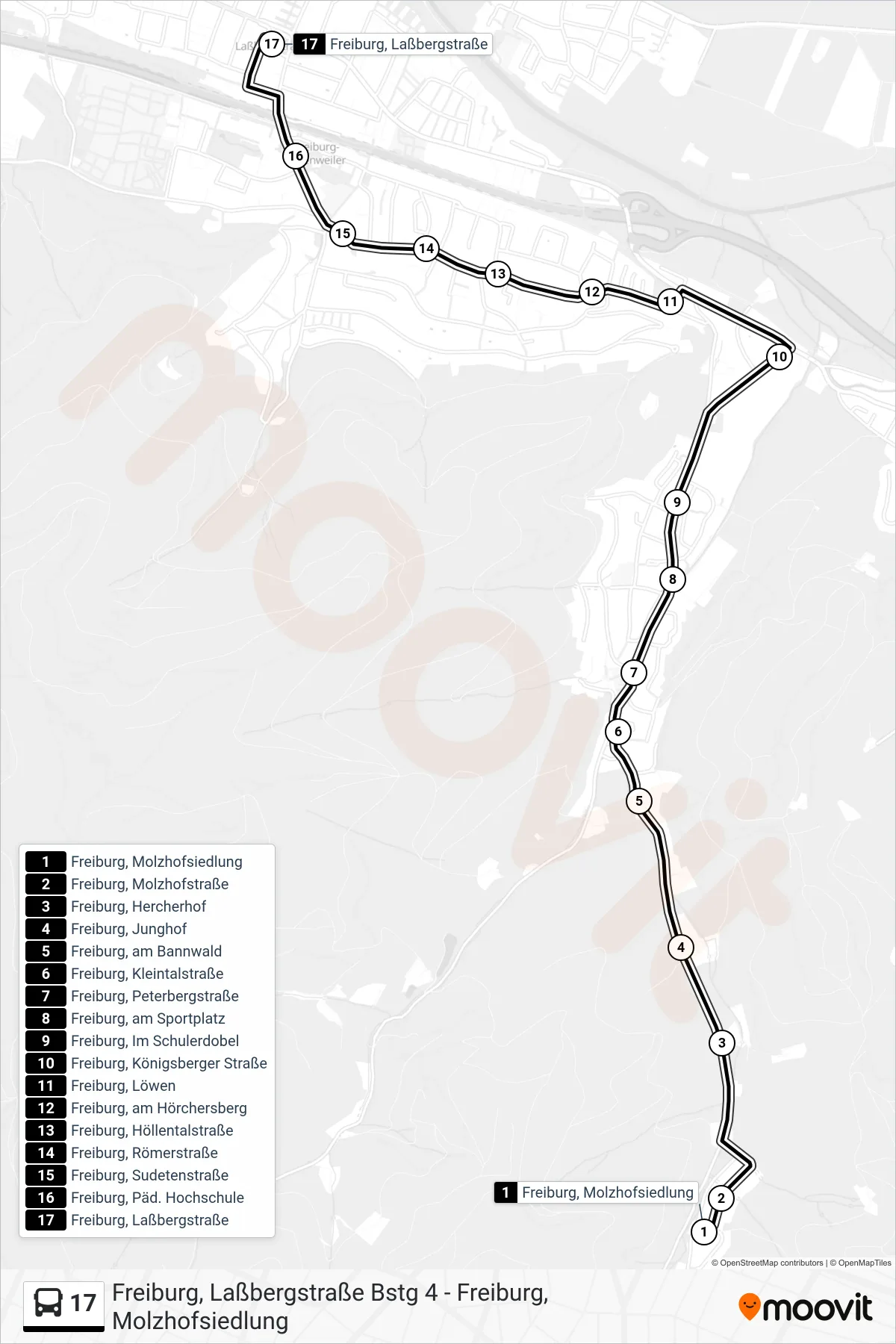 17 bus Line (Freiburg, Laßbergstraße) route and stops on a map
