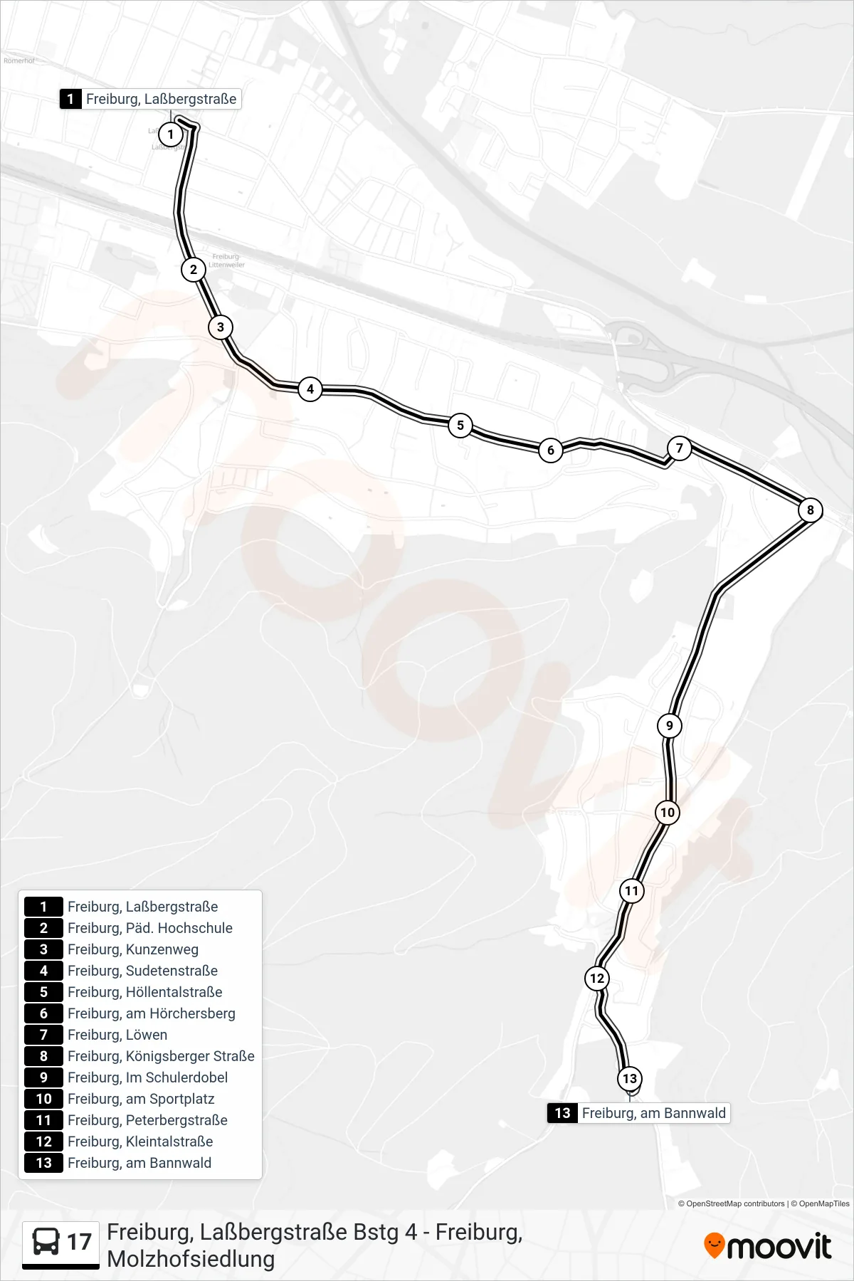 17 bus Line (Freiburg, am Bannwald) route and stops on a map