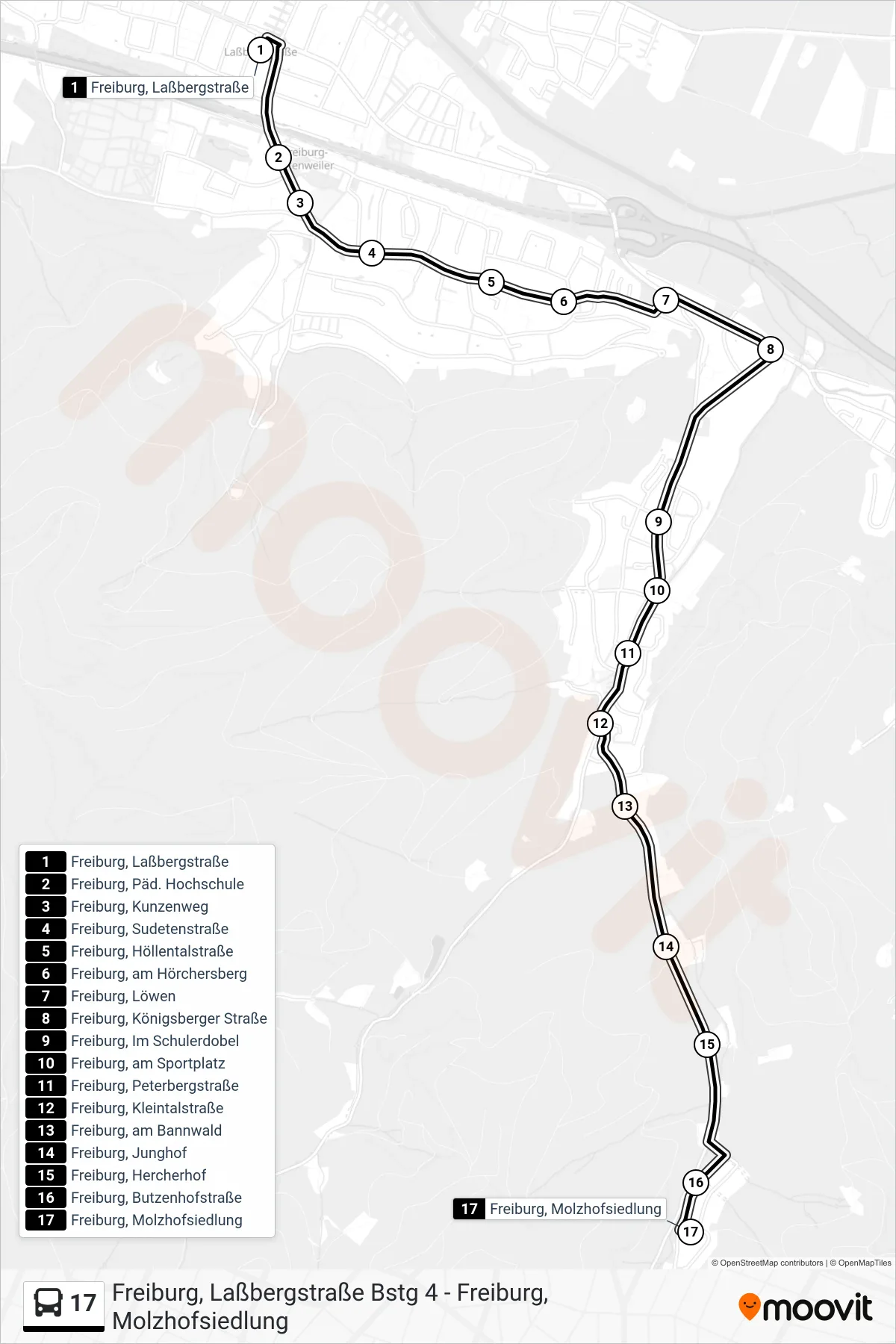 17 bus Line (Freiburg, Molzhofsiedlung) route and stops on a map