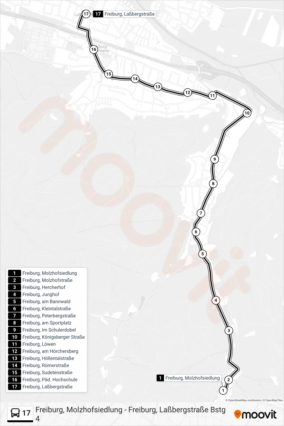 Linie 17 (Bus) Richtung Freiburg, Laßbergstraße: Route und Haltestellen auf der Karte