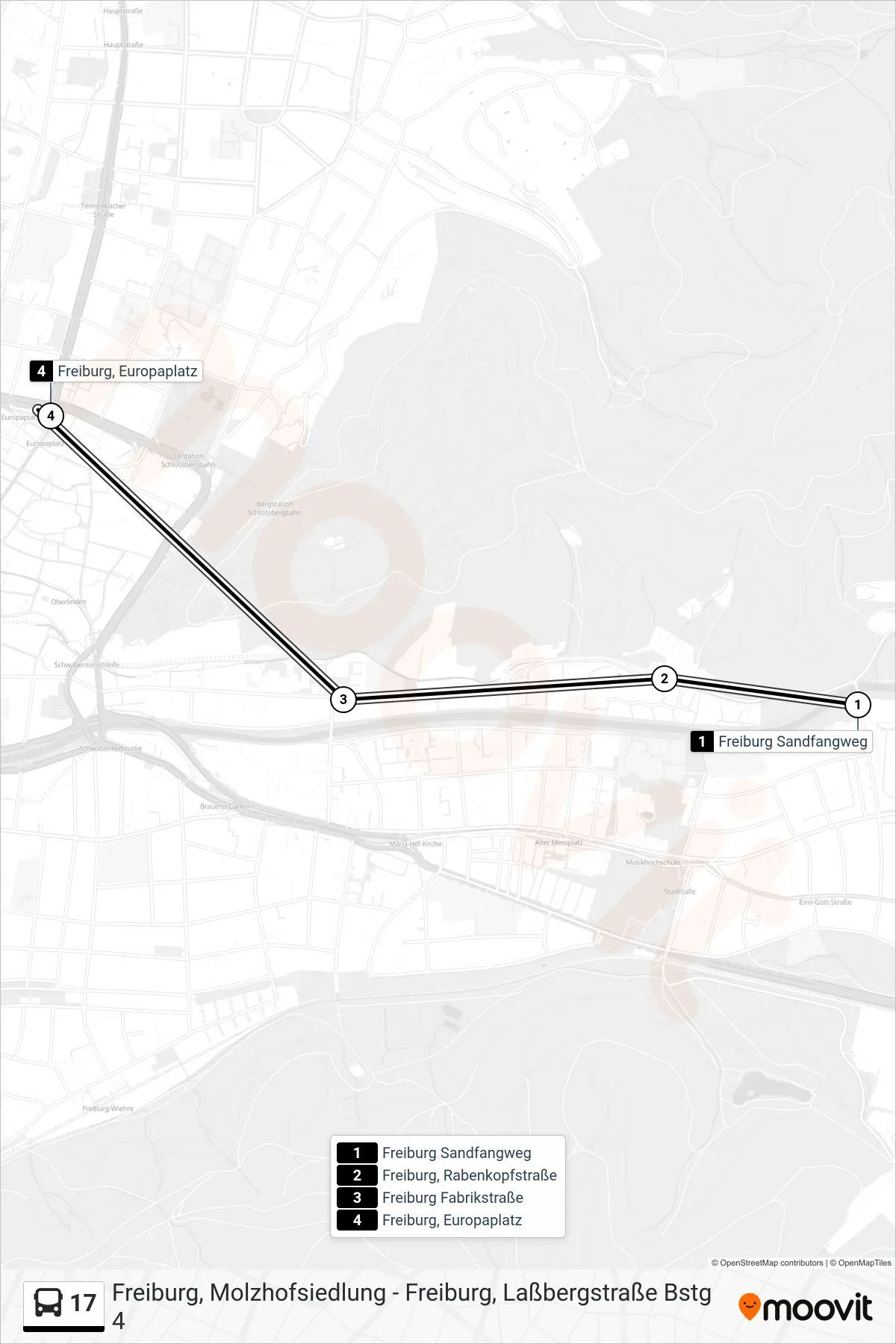 17 bus Line (Freiburg, Europaplatz) route and stops on a map