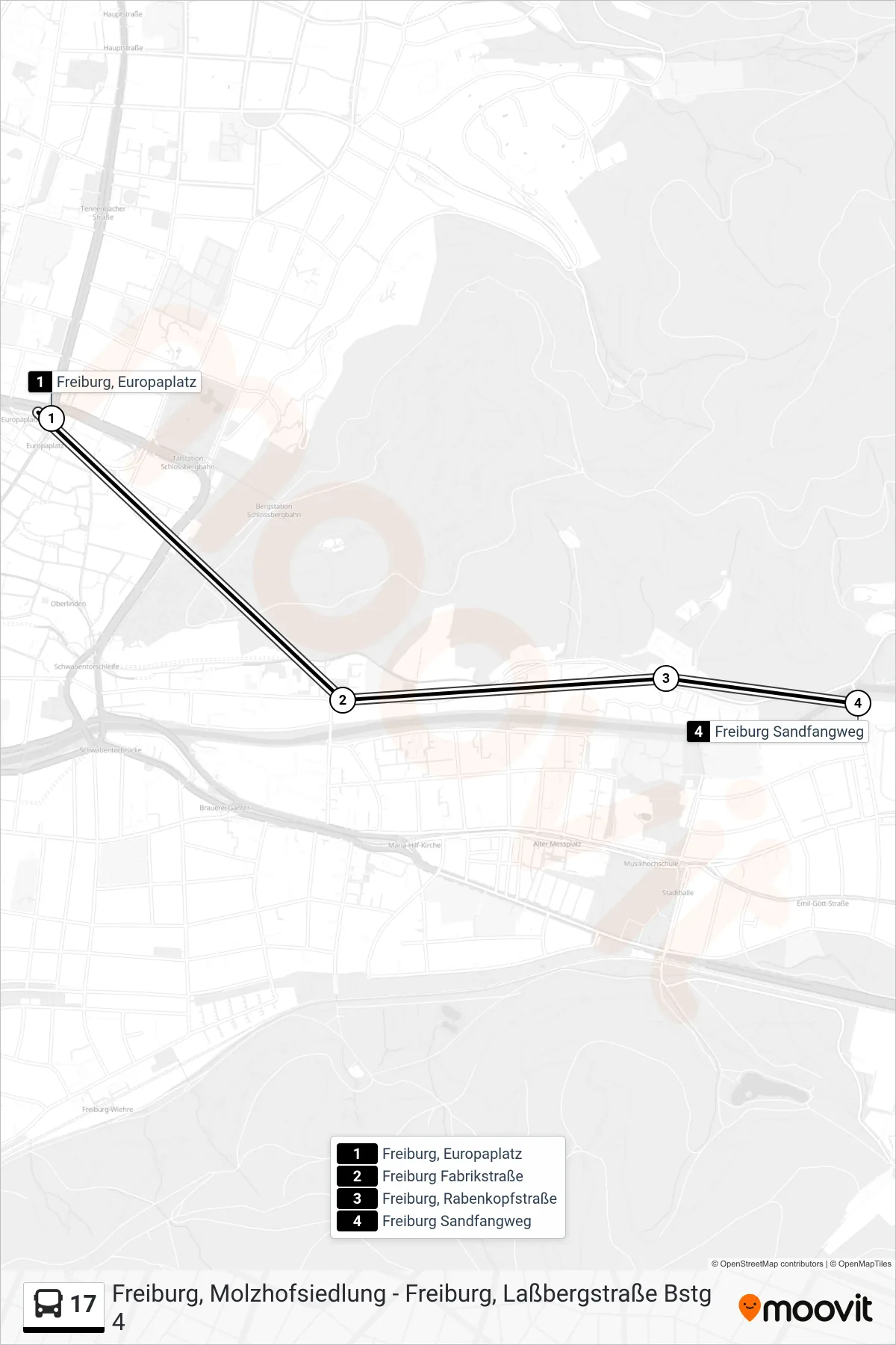 17 bus Line (Freiburg Sandfangweg) route and stops on a map