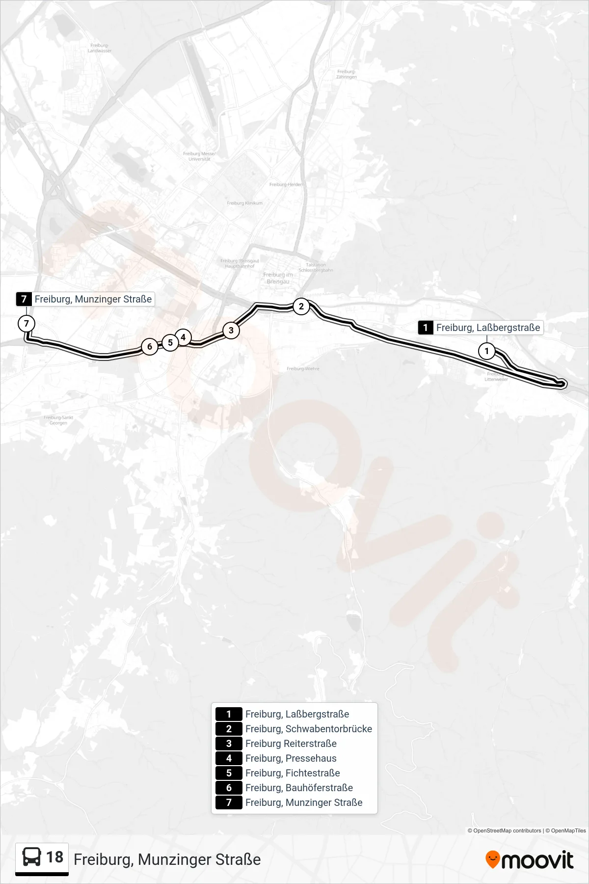 18 bus Line (Freiburg, Munzinger Straße) route and stops on a map