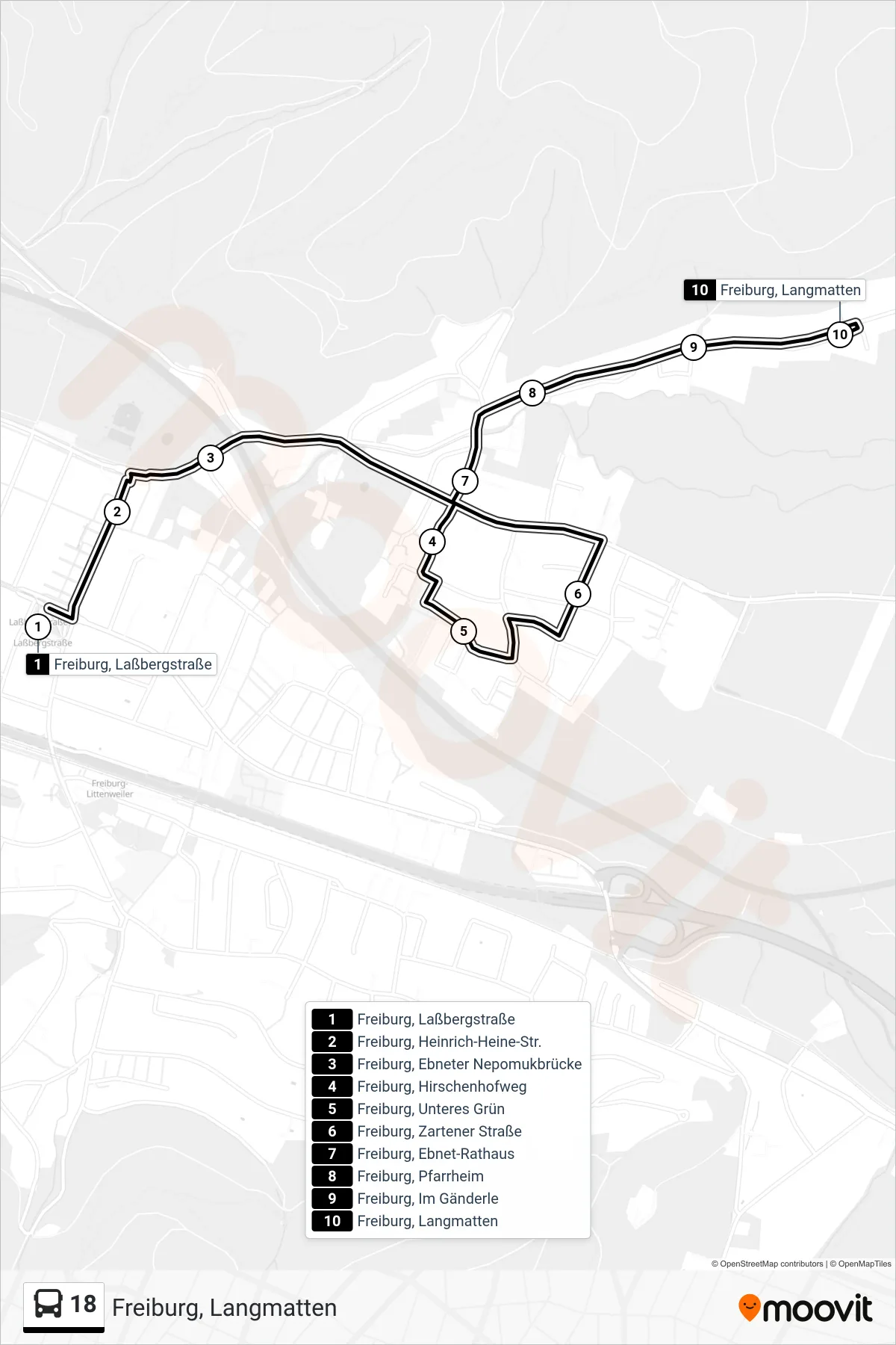 18 bus Line (Freiburg, Langmatten) route and stops on a map