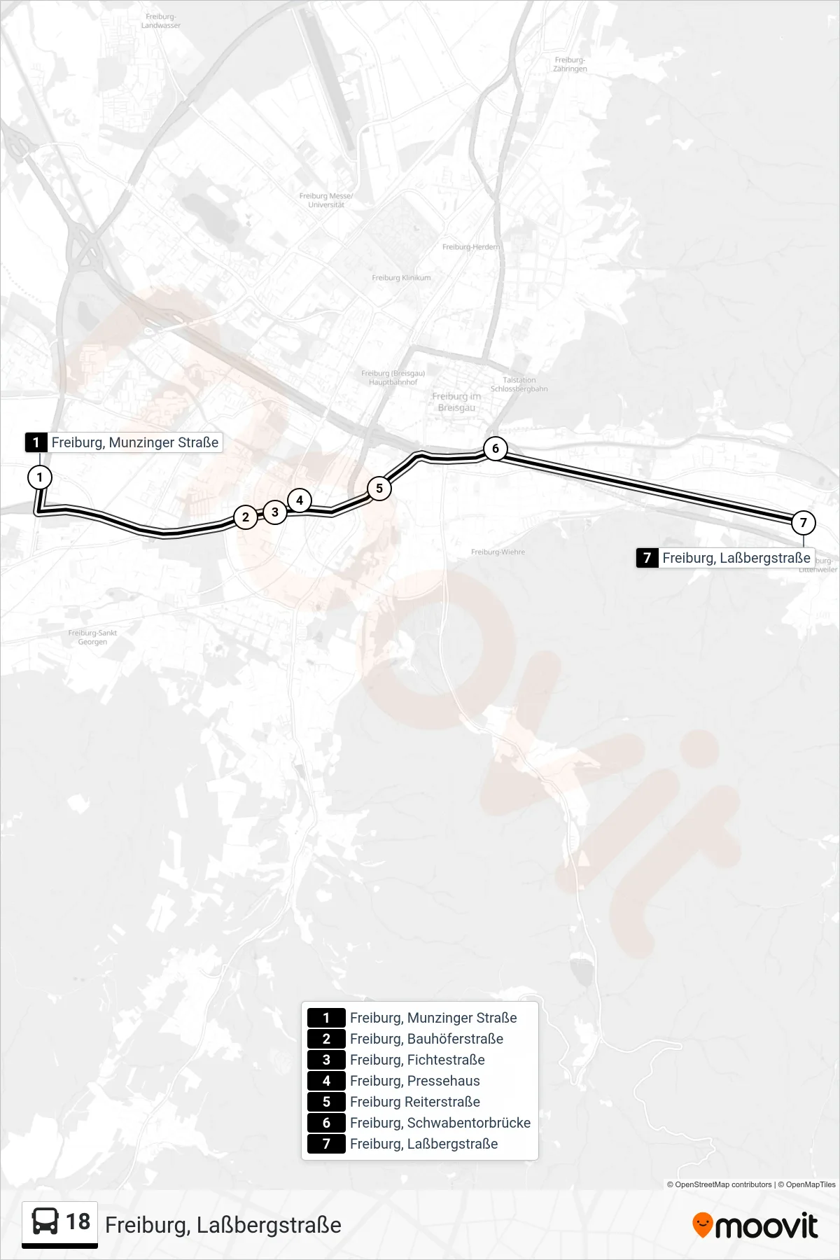 18 bus Line (Freiburg, Laßbergstraße) route and stops on a map