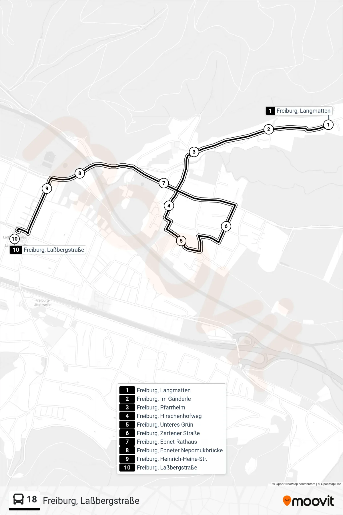 Linie 18 (Bus) Richtung Freiburg, Laßbergstraße: Route und Haltestellen auf der Karte