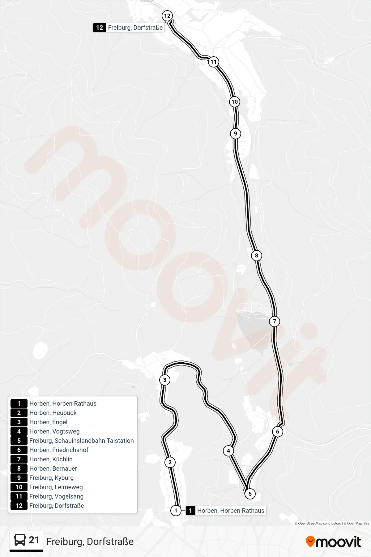 21 bus Line (Freiburg, Dorfstraße) route and stops on a map