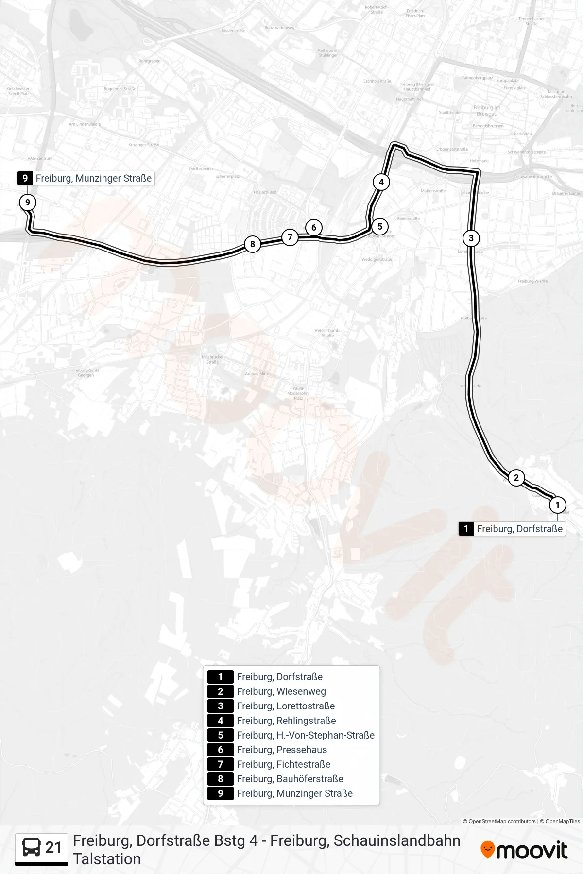 21 bus Line (Freiburg, Munzinger Straße) route and stops on a map