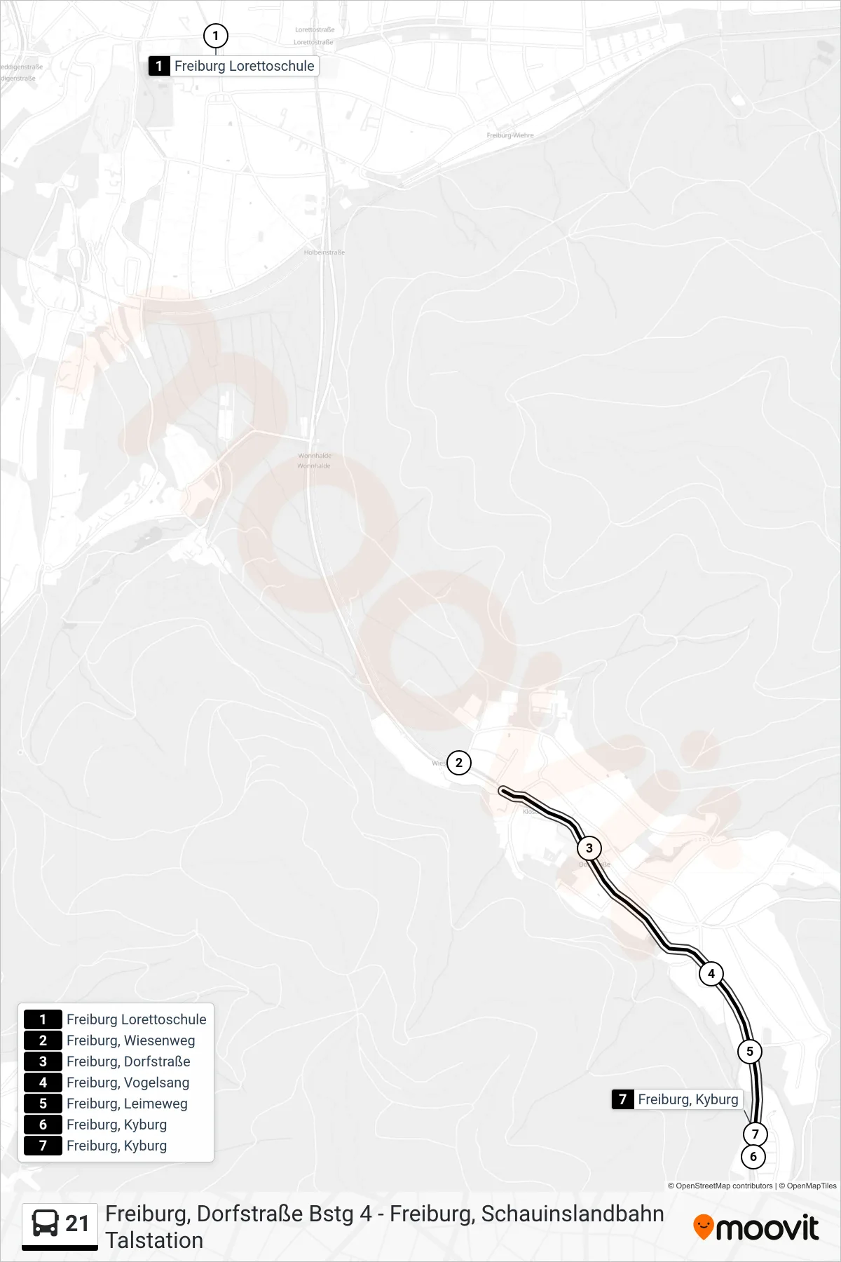 21 bus Line (Freiburg, Kyburg) route and stops on a map