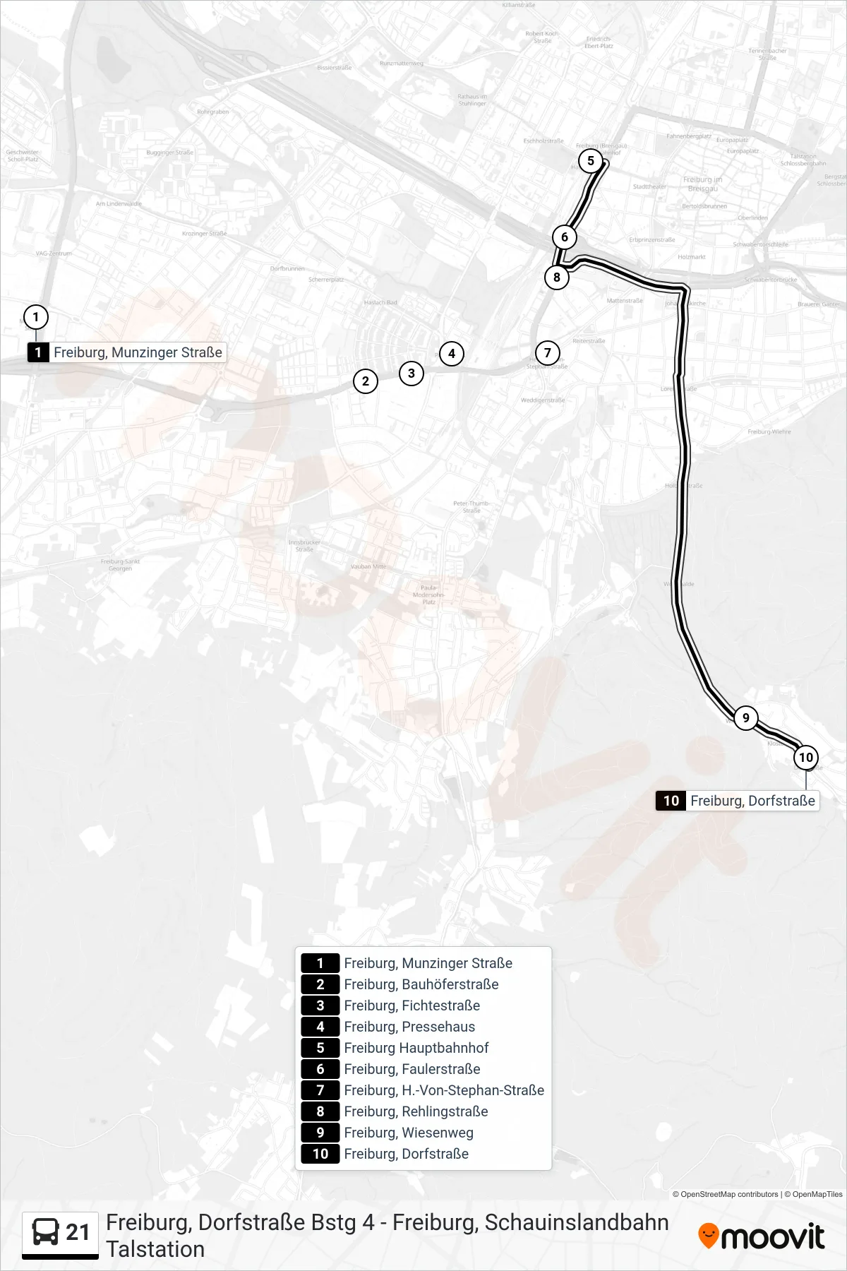 Linie 21 (Bus) Richtung Freiburg, Dorfstraße: Route und Haltestellen auf der Karte