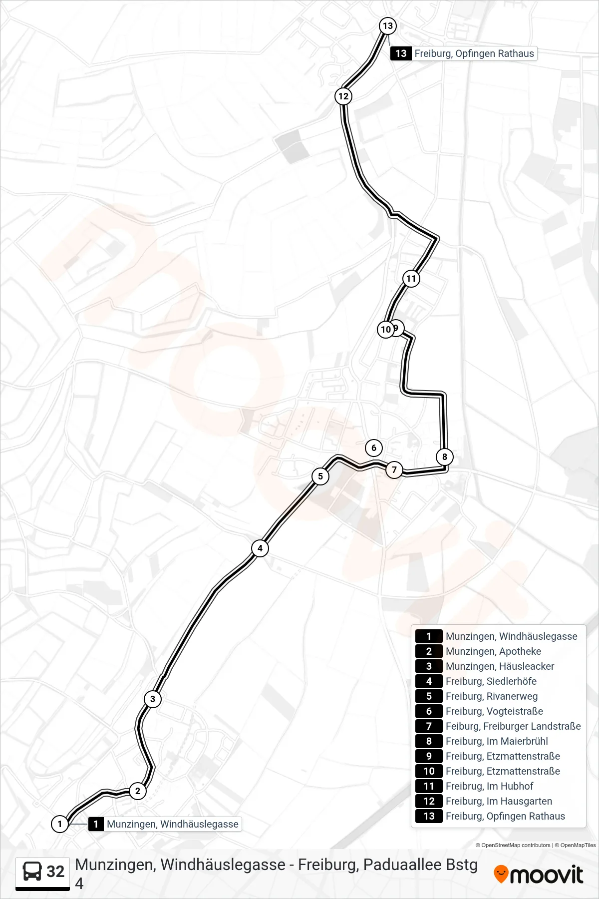 Linie 32 (Bus) Richtung Freiburg, Opfingen Rathaus: Route und Haltestellen auf der Karte