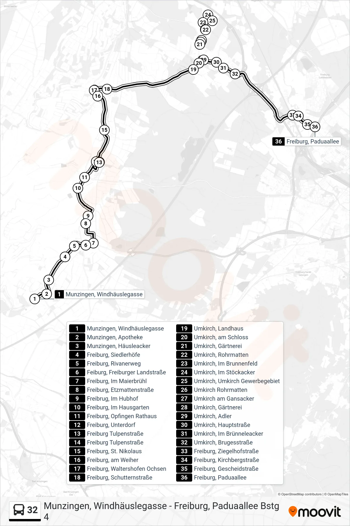 32 bus Line (Freiburg, Paduaallee) route and stops on a map