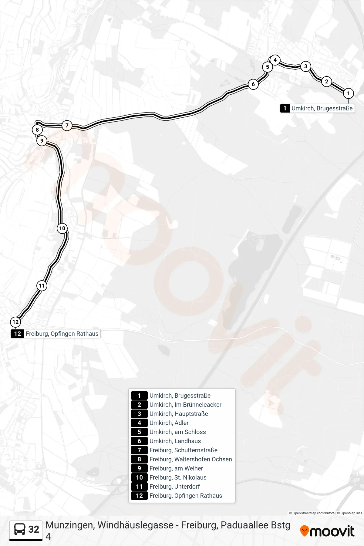 32 bus Line (Freiburg, Opfingen Rathaus) route and stops on a map