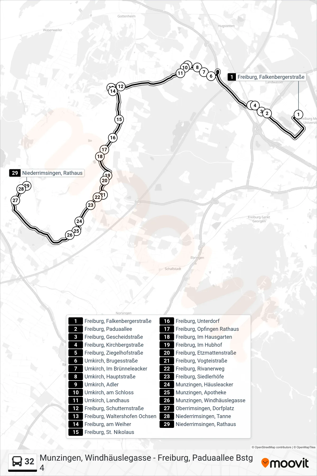 Linie 32 (Bus) Richtung Niederrimsingen, Rathaus: Route und Haltestellen auf der Karte
